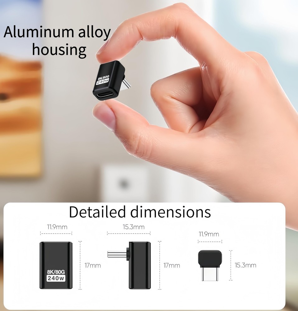 3 Pack USB C 90 Degree Adapter 80Gbps 8K 240W Right Angle Thunderbolt Black