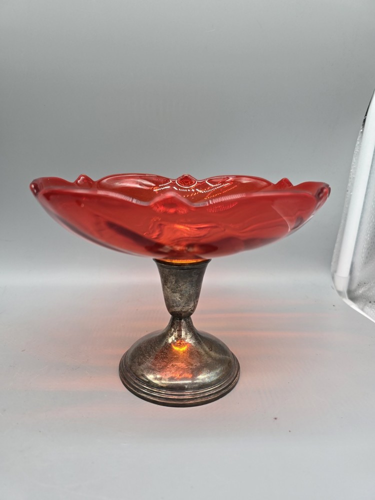 Vintage Amber Red Glass Candy Dish Open Compote Sterling Silver Base