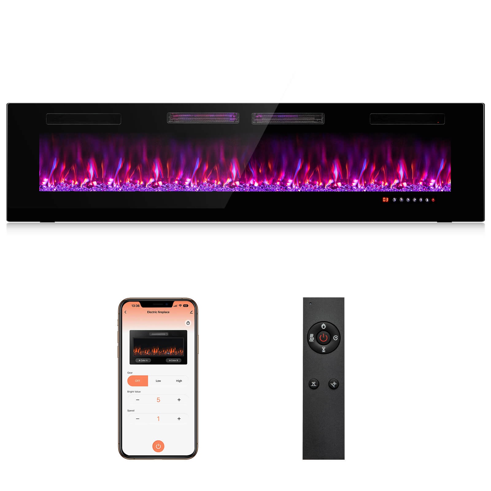 72 Inches Ultra-Thin Electric Fireplace Wall-Mounted & Recessed Fireplace Heater