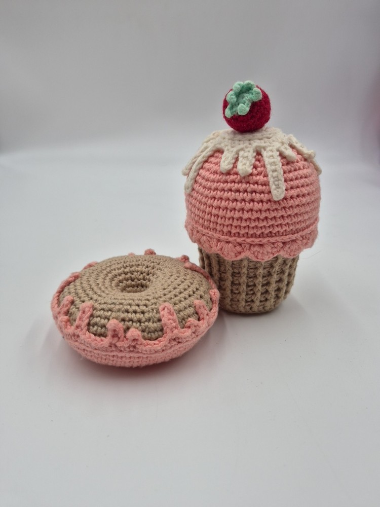 Crocheted mini Strawberry Cupcake And Donut