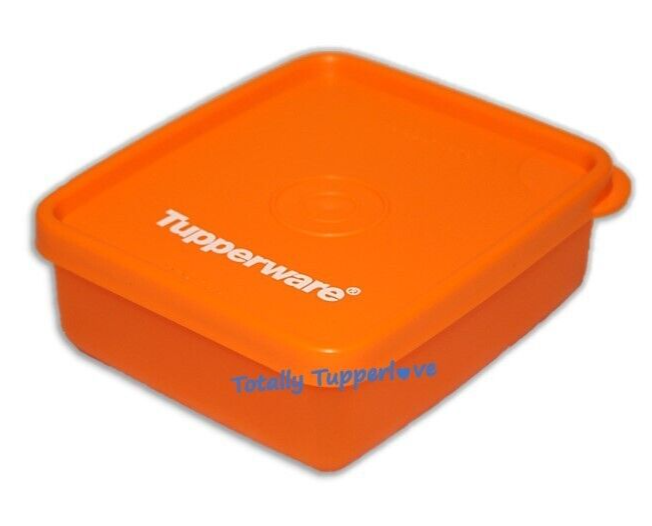 Tupperware Mini Square Away Single Square Round Keeper w/ Logo Small Orange ❤️