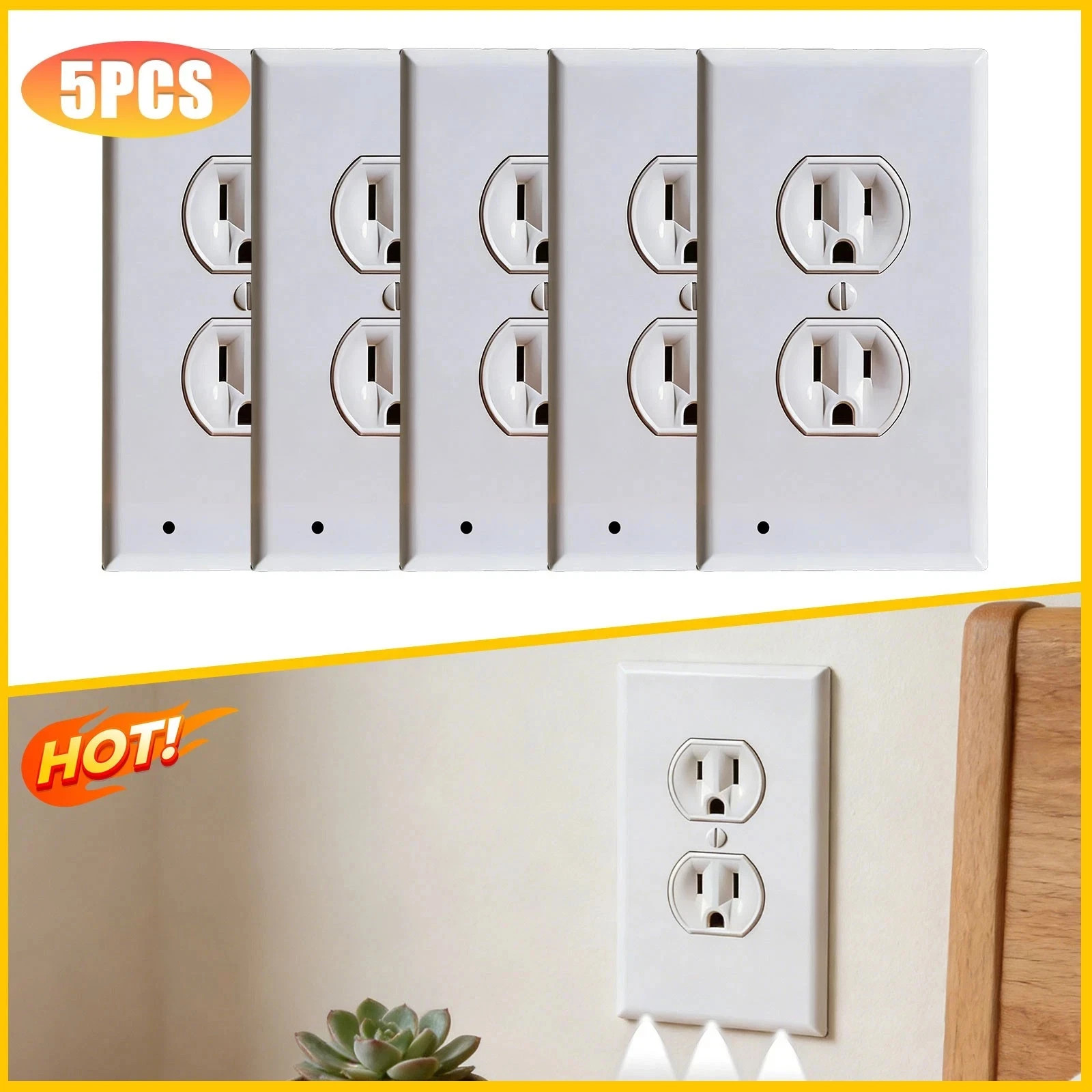 5 Pack Outlet Cover Built-In LED Night Light Bulbs Wall Plate Rounded Receptacle