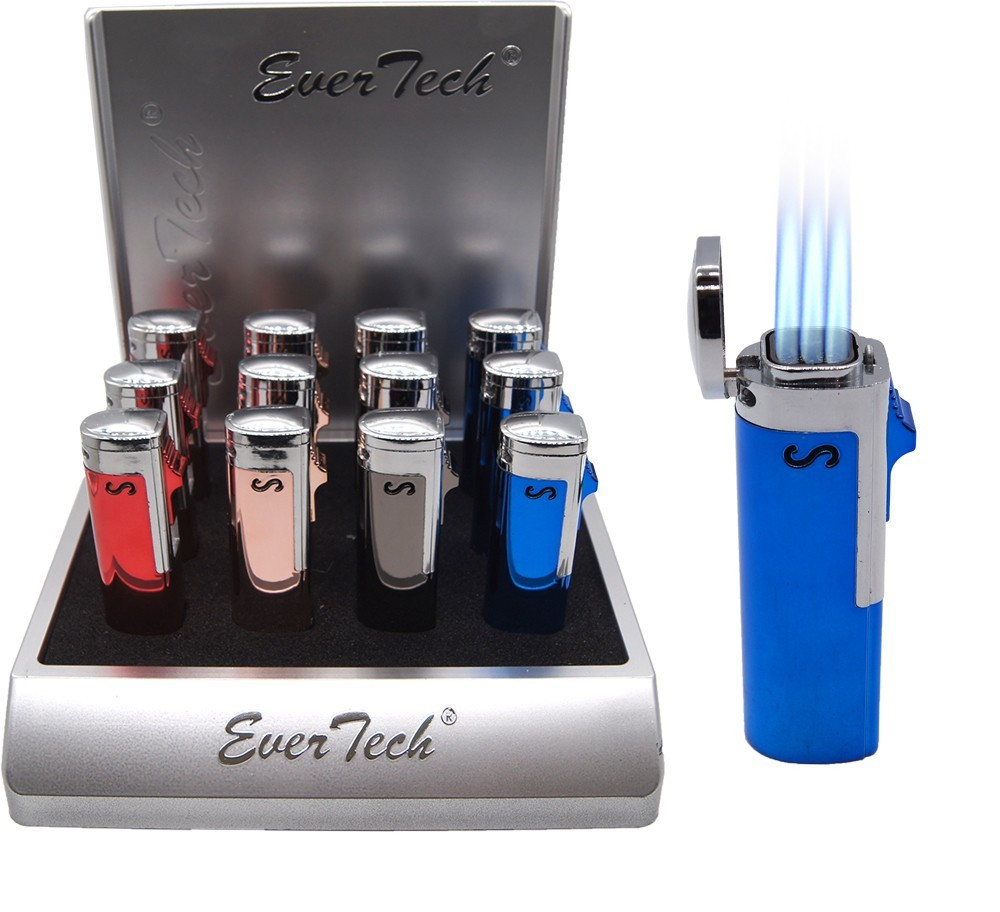 Quad Jet Flame Refillable Torch Lighter Windproof Plastic UV Coating Metal Look