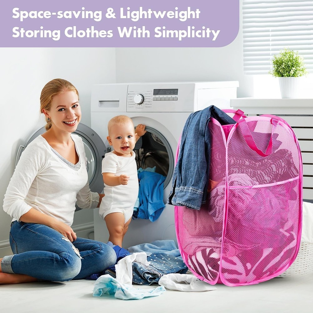 Compact Pink Mesh Laundry Hamper Set - Effortless Organizing for Any Setting