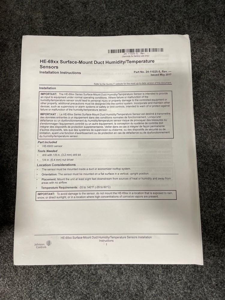 JOHNSON CONTROLS S1-HE-69630NS-2D TEMP/HUMIDITY SENSOR Qty 36