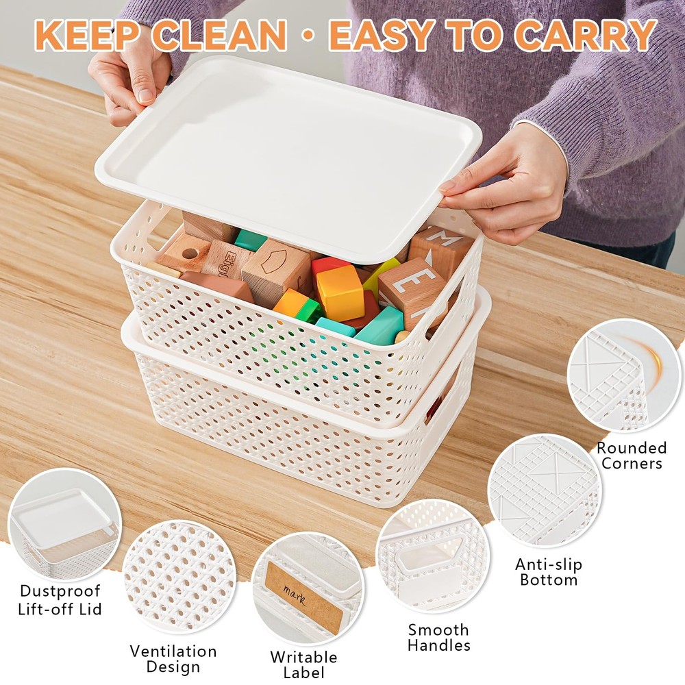 10 Pack Plastic Storage Bins with Lids, Stackable Plastic Storage Baskets for...