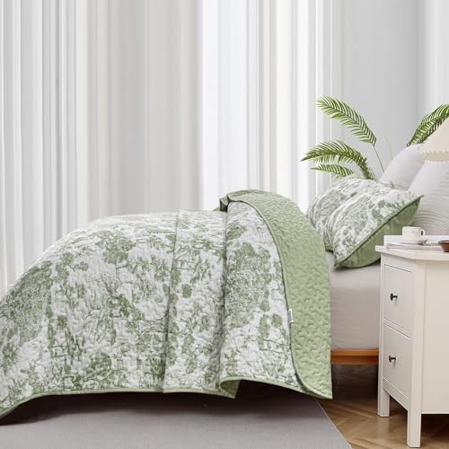 Botanical Quilt Set 3 Pieces Toile Floral Plants Printed King Sage Green