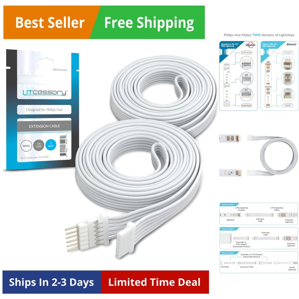 Extension Cable for Philips Hue/Solo Lightstrip 3.3ft, 2 Pack, White - Micro ...
