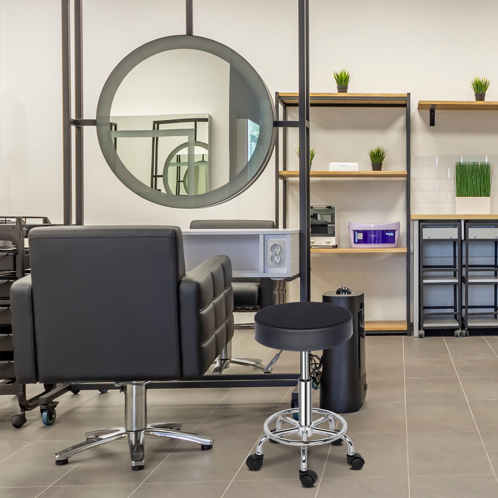 Rolling Garage Stool Adjustable Mechanic Work Shop Salon PU Leather Swivel Seat