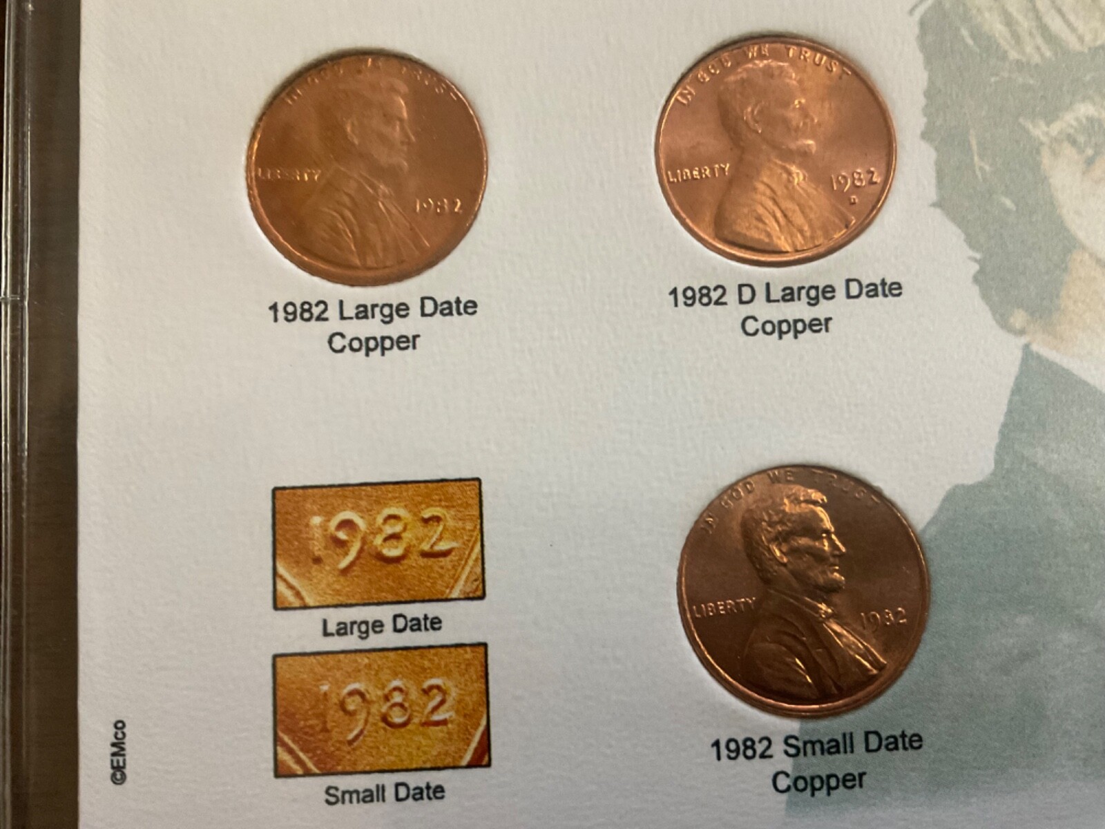 1982 Lincoln Cent 7 Coin Variety Set; BU; in Plastic Sleeve on Full Color Card