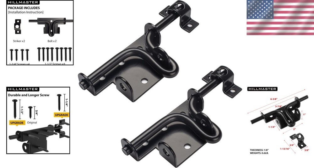 Secure and Durable Slide Bolt Gate Lock - Black, 2 Pack with Upgraded Screws