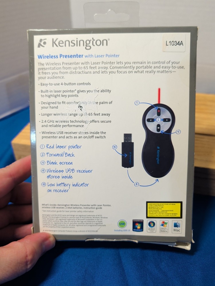 Kensington Wireless Presenter with Red Laser Pointer New With Box Damage