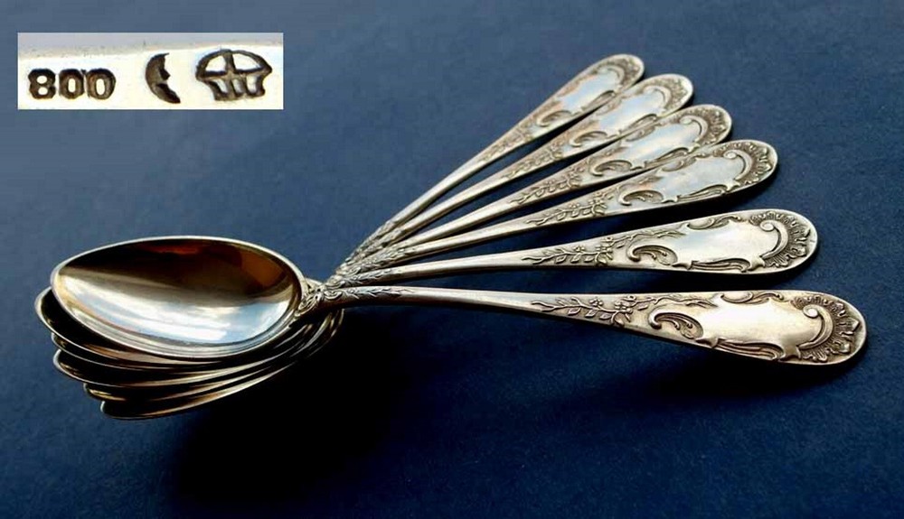 1. Set, 6 Rococo Coffee Spoons, 800 Silver E505
