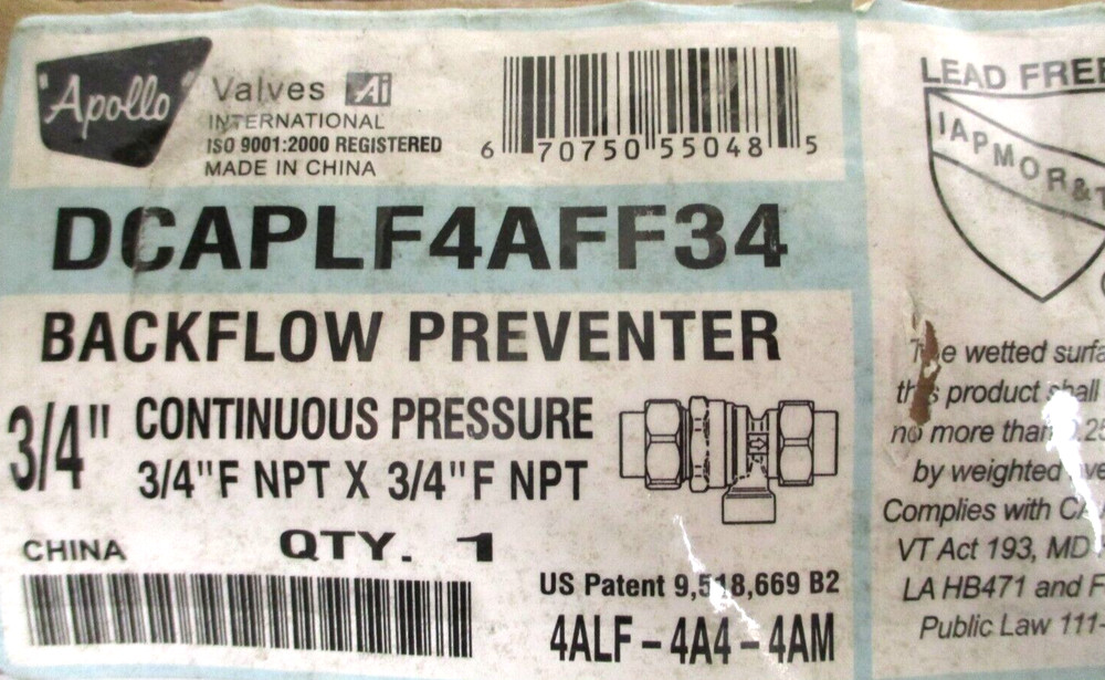 APOLLO , DCAPLF4AFF34 , 3/4" FNPT BACKFLOW PREVENTER, CONTINUOUS PRESS., SURPLUS