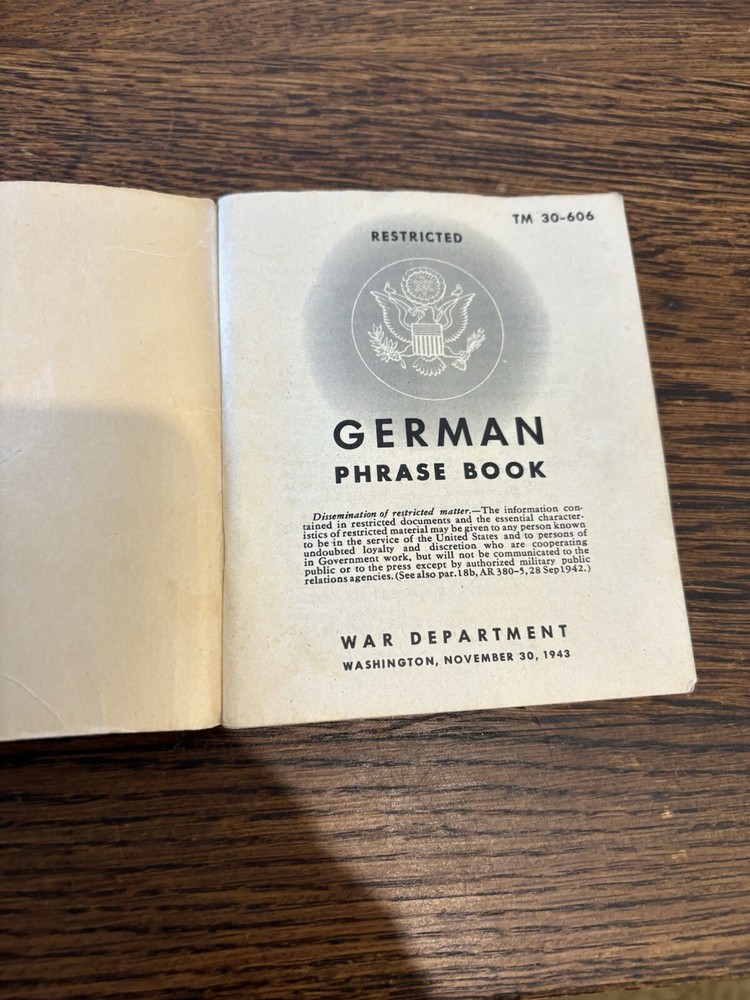 Vintage German Phrase Book by War Dept. First Ed Restricted 1943