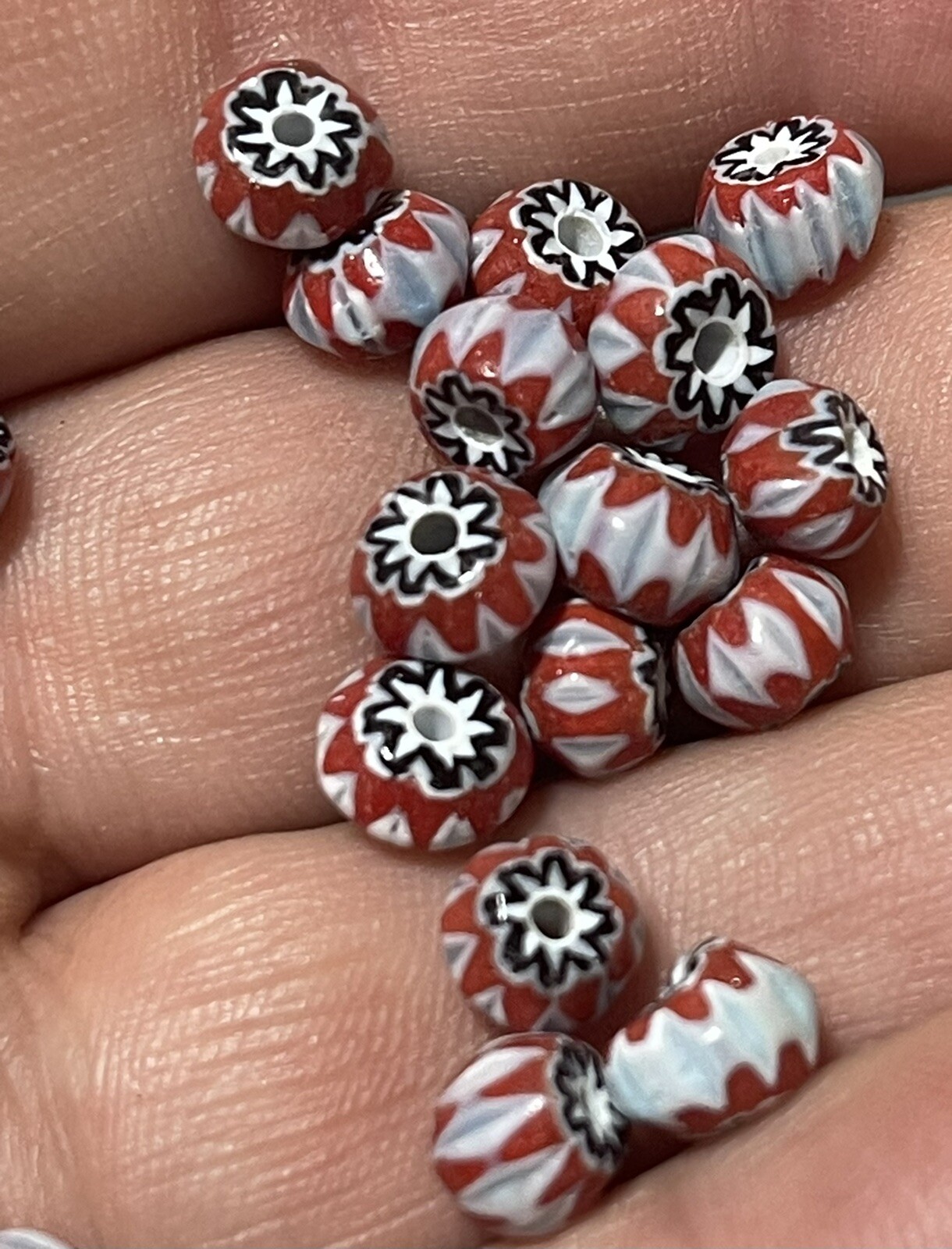 (10) Old Sky Blue & Brick Red White Chevron Huron Indian Venetian Trade Beads