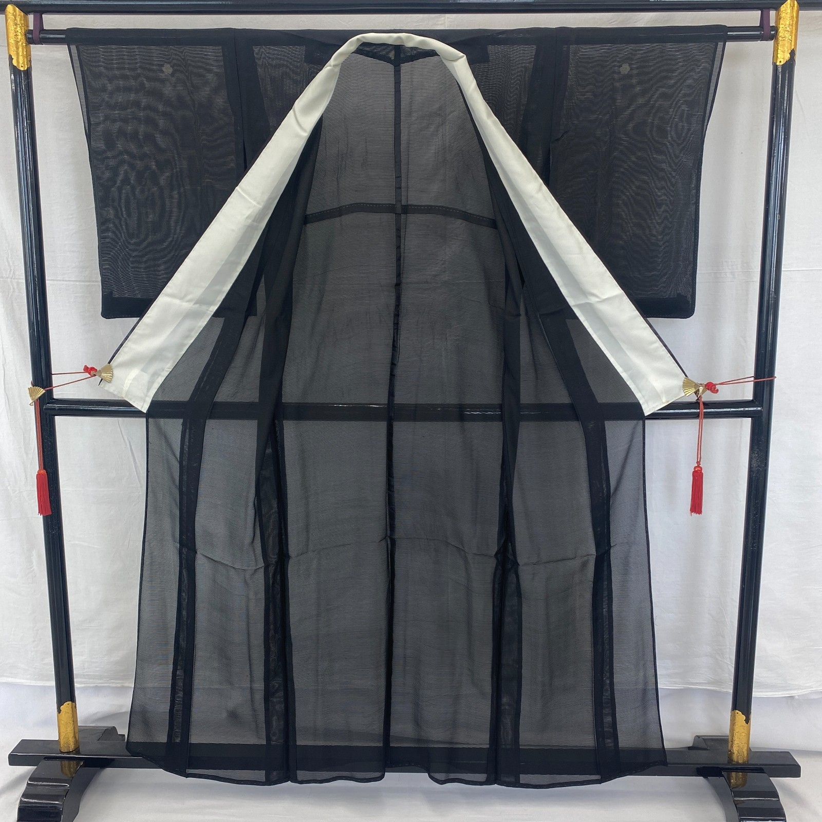 Japanese Vintage Kimono Polyester Black No Lining Family crest Length 61 in