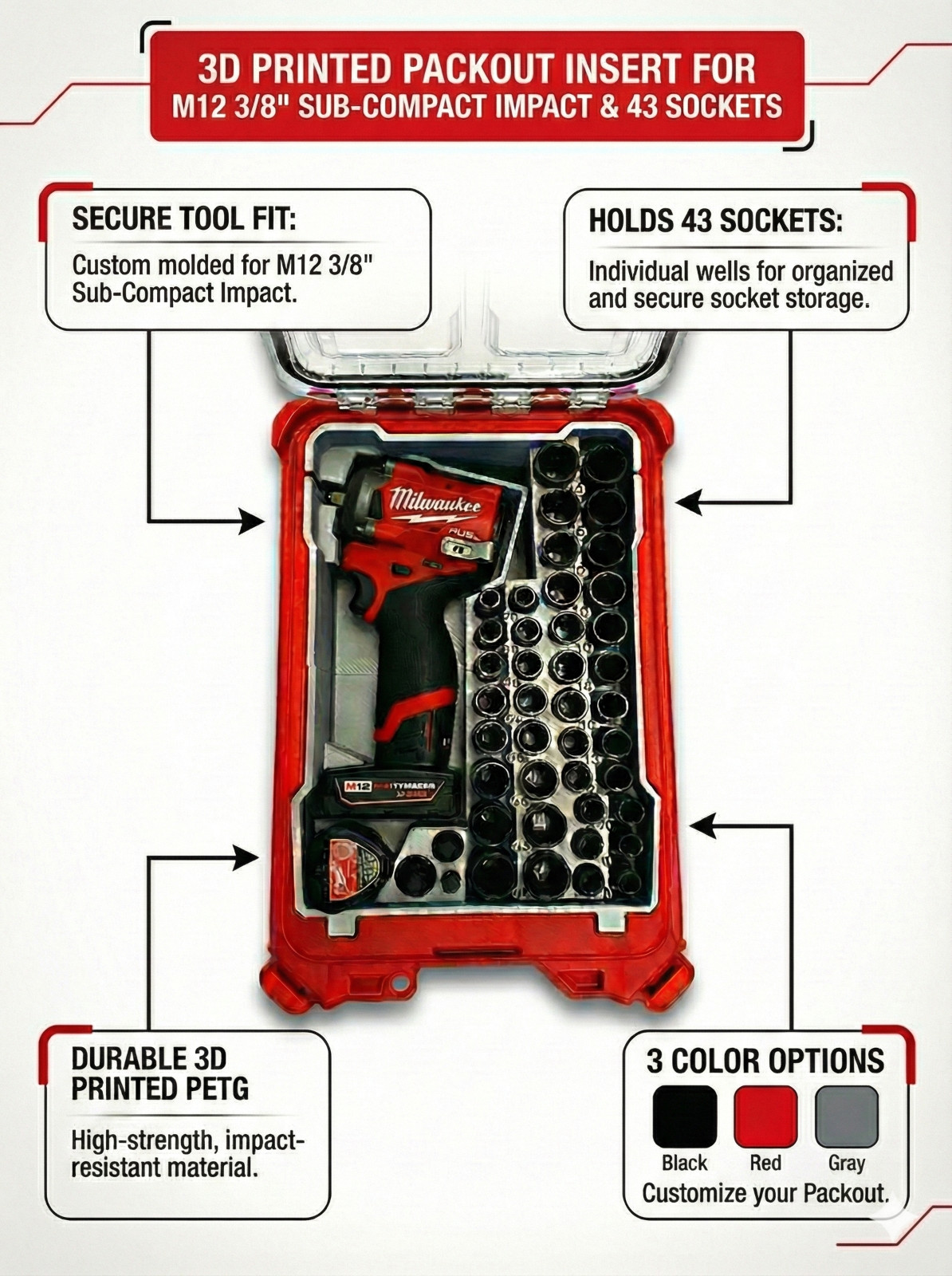 Milwaukee M12 3/8" FUEL Stubby Compact Impact PACKOUT Insert W/ Socket Organizer