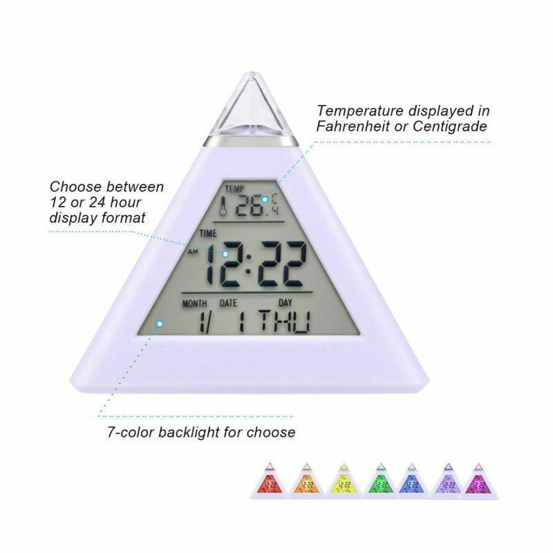 Alarm Clock Pyramid 7 LED Color Changing Timer Night Light Temperature Date