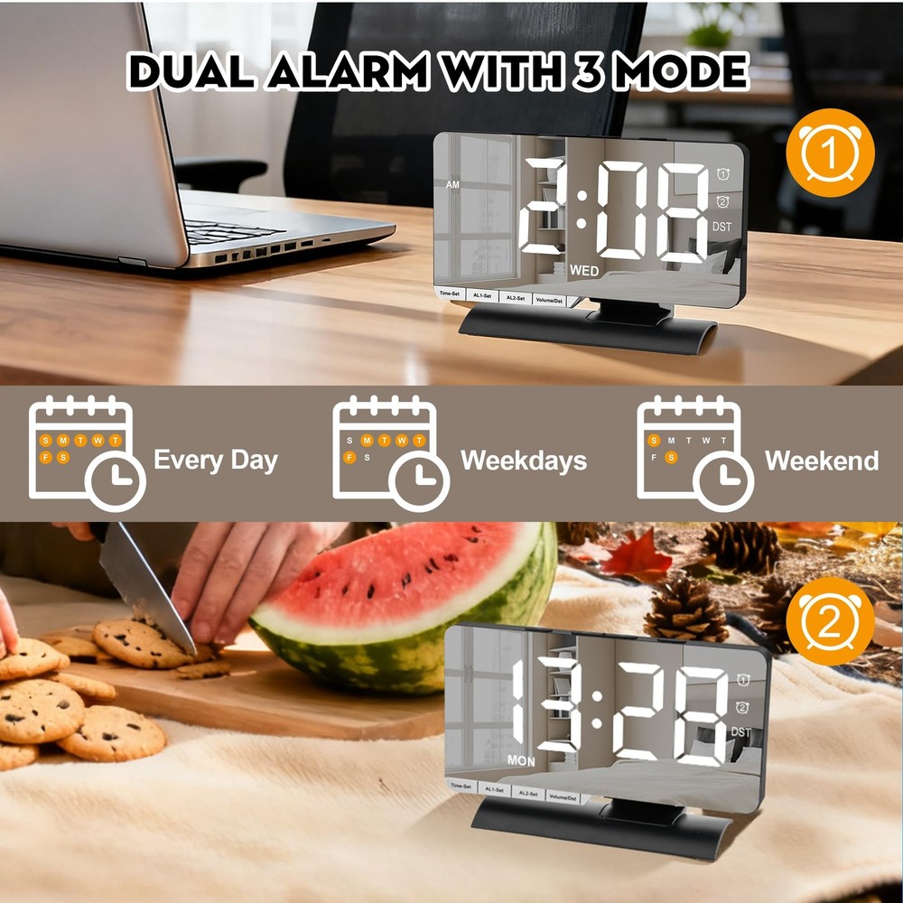 Digital Clock,Alarm Clock Bedside,7.3'' Large LED Mirror with Date Display,Du...