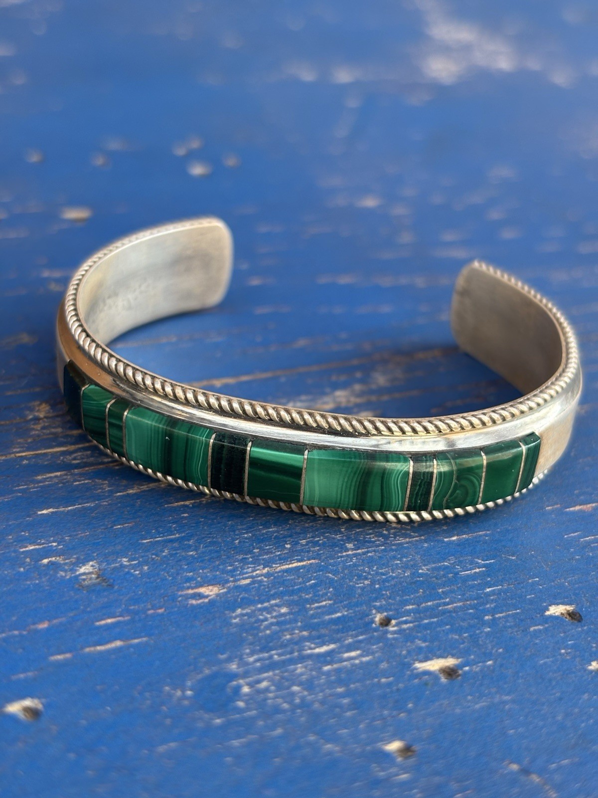 Sterling Silver Inlay Cuff Bracelet Malachite Signed FY fan32