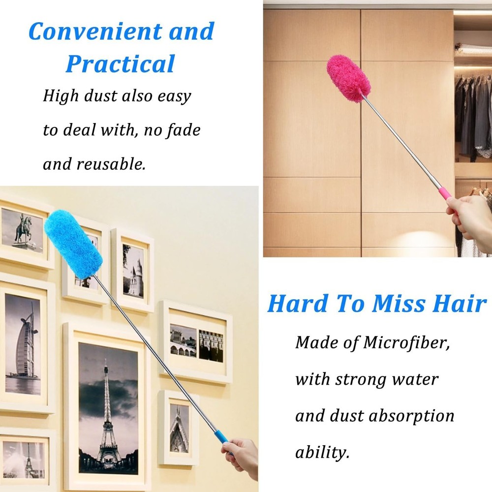 4 Pcs Washable Microfiber Feather Duster Extendable Pole Bendable Head Cleaning