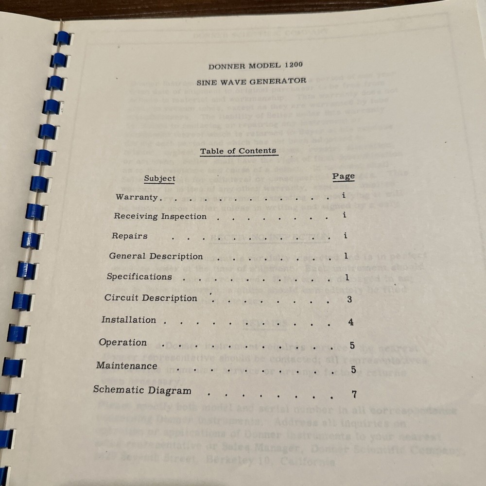 Donner Scientific Model 1200 Sine Wave Generator Operating Handbook