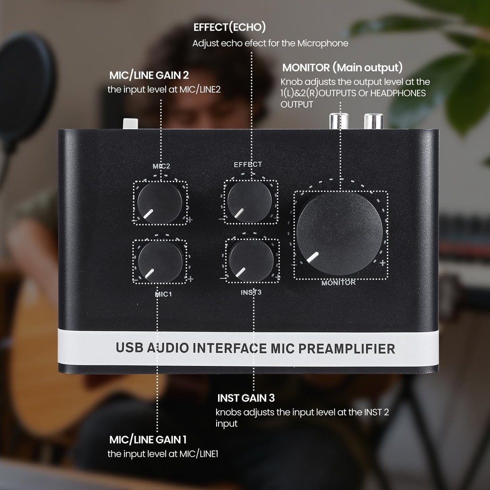 USB Audio Interface 2 XLR/TRS Inputs, Phantom Power, USBA/C for Recording