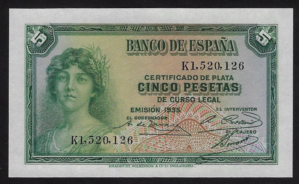 SPAIN  5 PESETAS  1935   P- 85   UNC