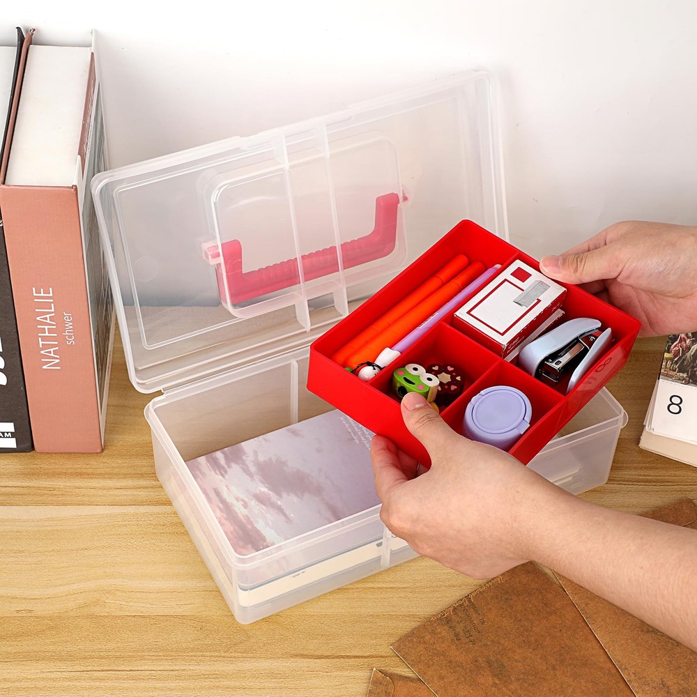 Clear Plastic Storage Box with Tray Handle Craft Sewing Organizer 2 Pack