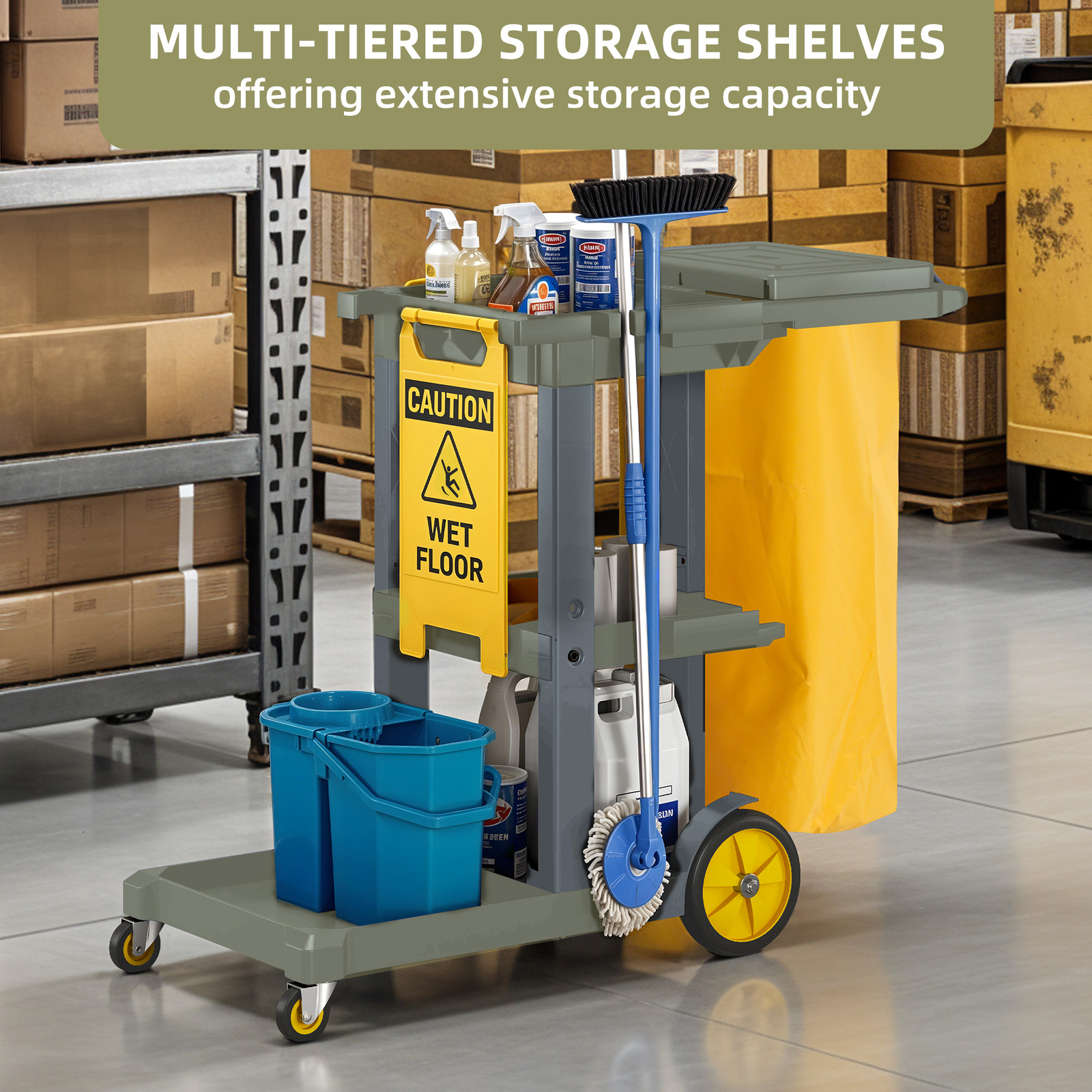 3-Shelf Janitorial Cleaning Cart w/ 2 Trash Bags Commercial Housekeeping Trolley