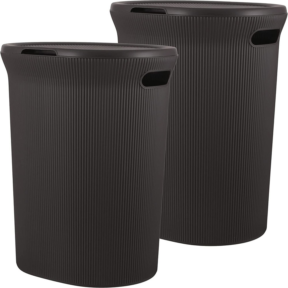 Superio 40L Ribbed Plastic Laundry Hamper with Lid- Brown (2 Pack)
