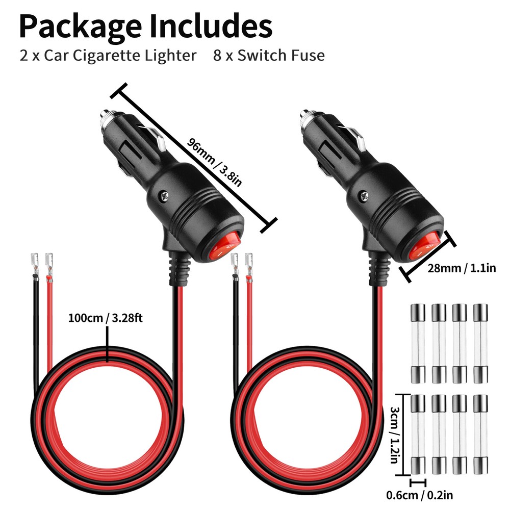 2X 12V-24V 3.28FT Car Cigarette Lighter Socket Plug Connector With On/Off Switch