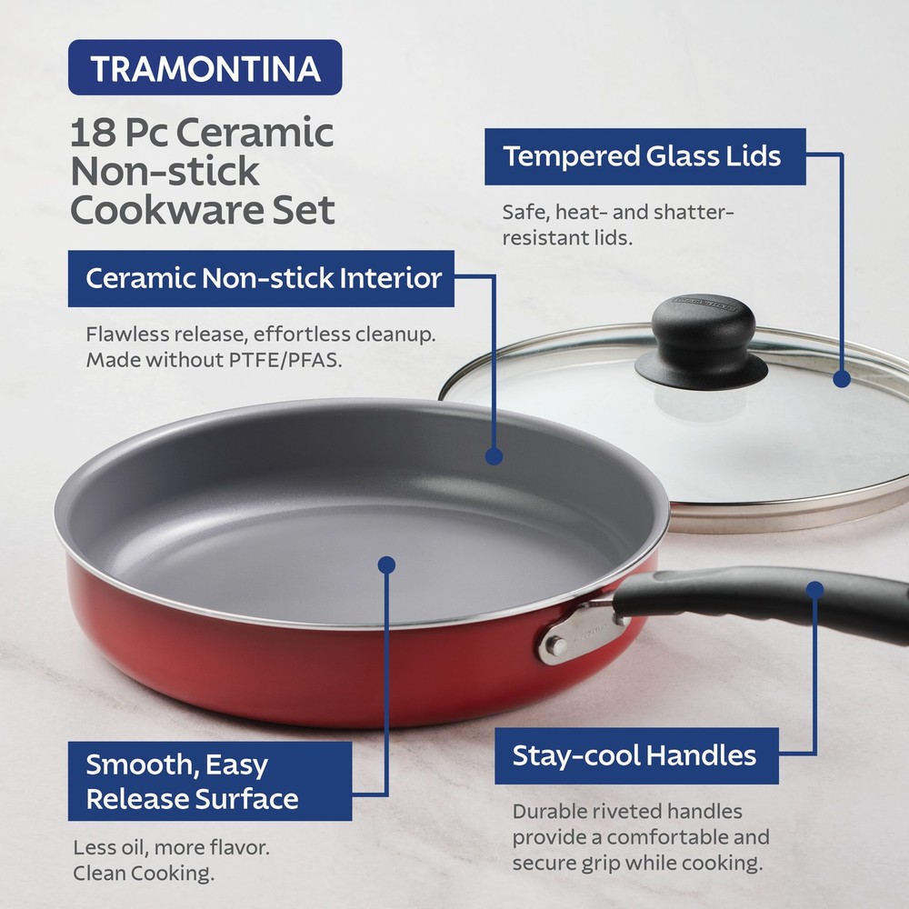 Tramontina Primaware 18 Piece Ceramic Cookware Set, Red