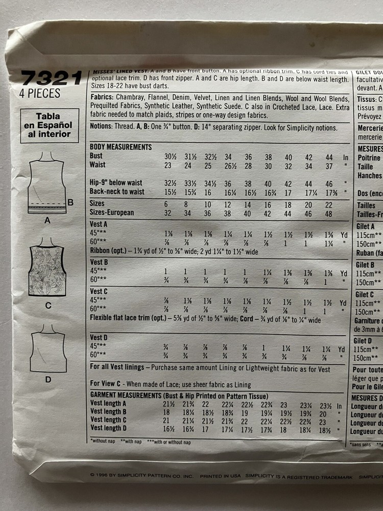 Womens Vest Sewing Pattern Lot Crazy Quilt Patchwork Applique Simplicity Boho