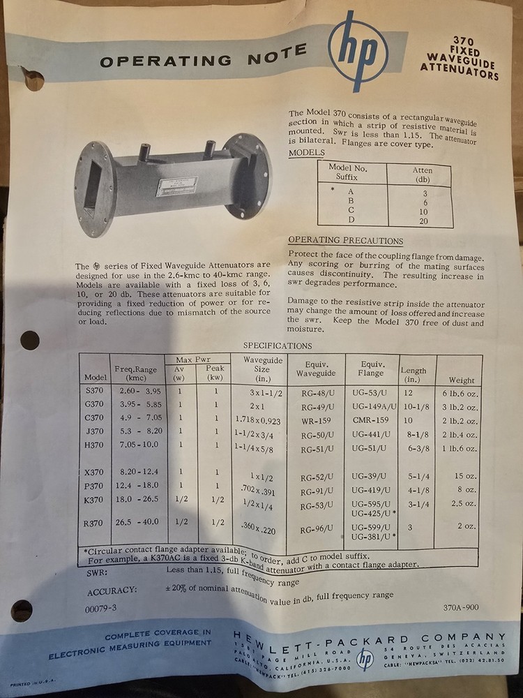 HP VARIABLE ATTENUATOR MODEL H370D 20 db