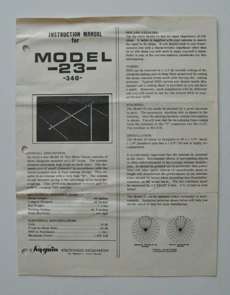 HY-GAIN Electronics model 23 340 1960s Instruction manual