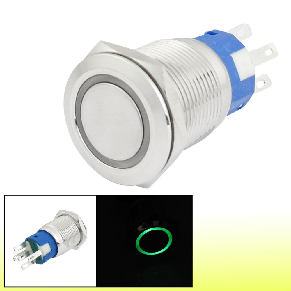 19mm 24VDC Green Ring LED Light Stainless Latching Push Button Switch 1NO 1NC