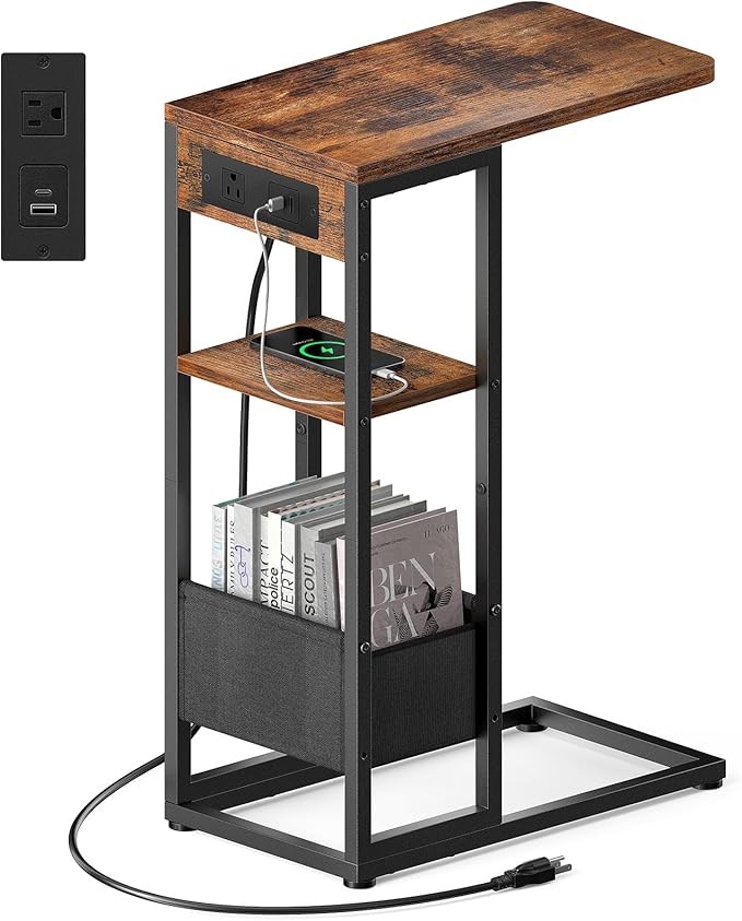 C Shaped End Table with Charging Station, Small Side Table for Couch Recliner,