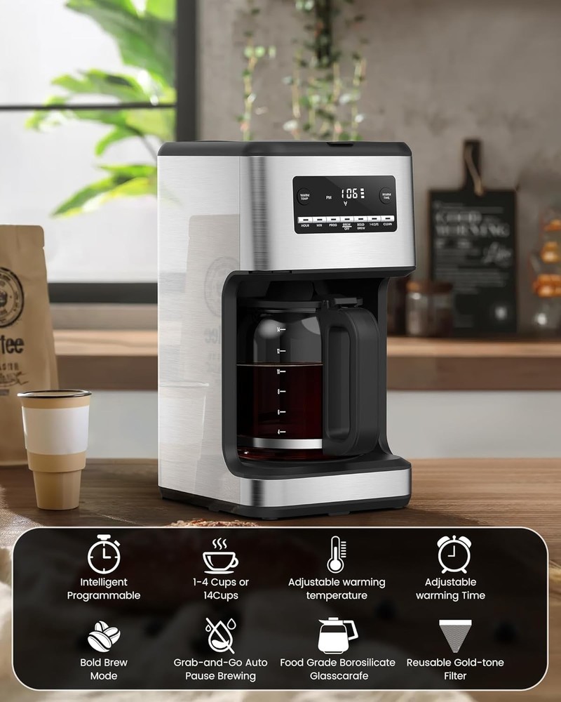 14-Cup Drip Coffee Maker, 24-Hour Programmable Coffee Brewer, Washable Filter