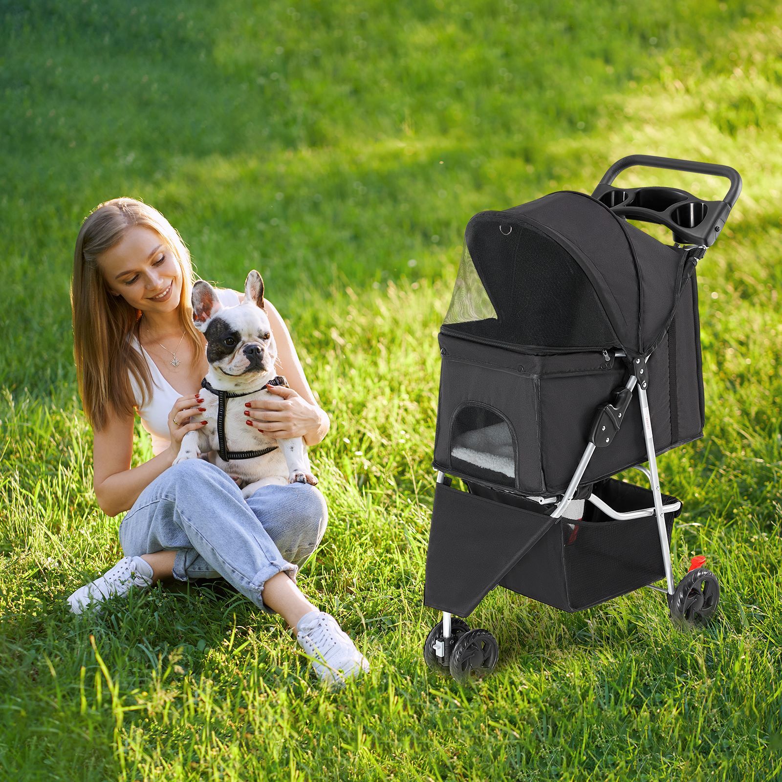 Pet Stroller Storage Basket Cup Holder Foldable Small to Medium Cat Dog 3-Wheel