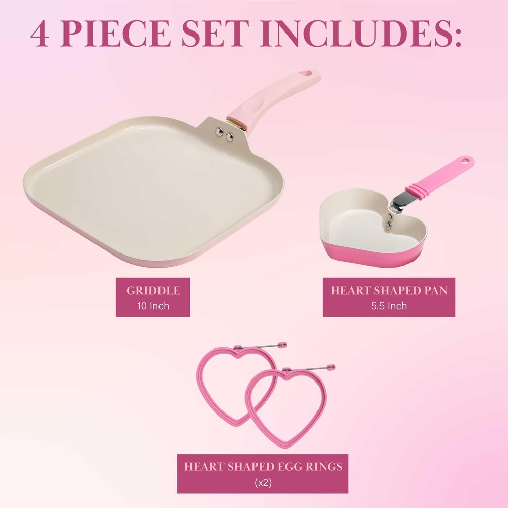Paris Hilton Breakfast Ceramic Nonstick Cookware Set, Includes Square Griddle, M