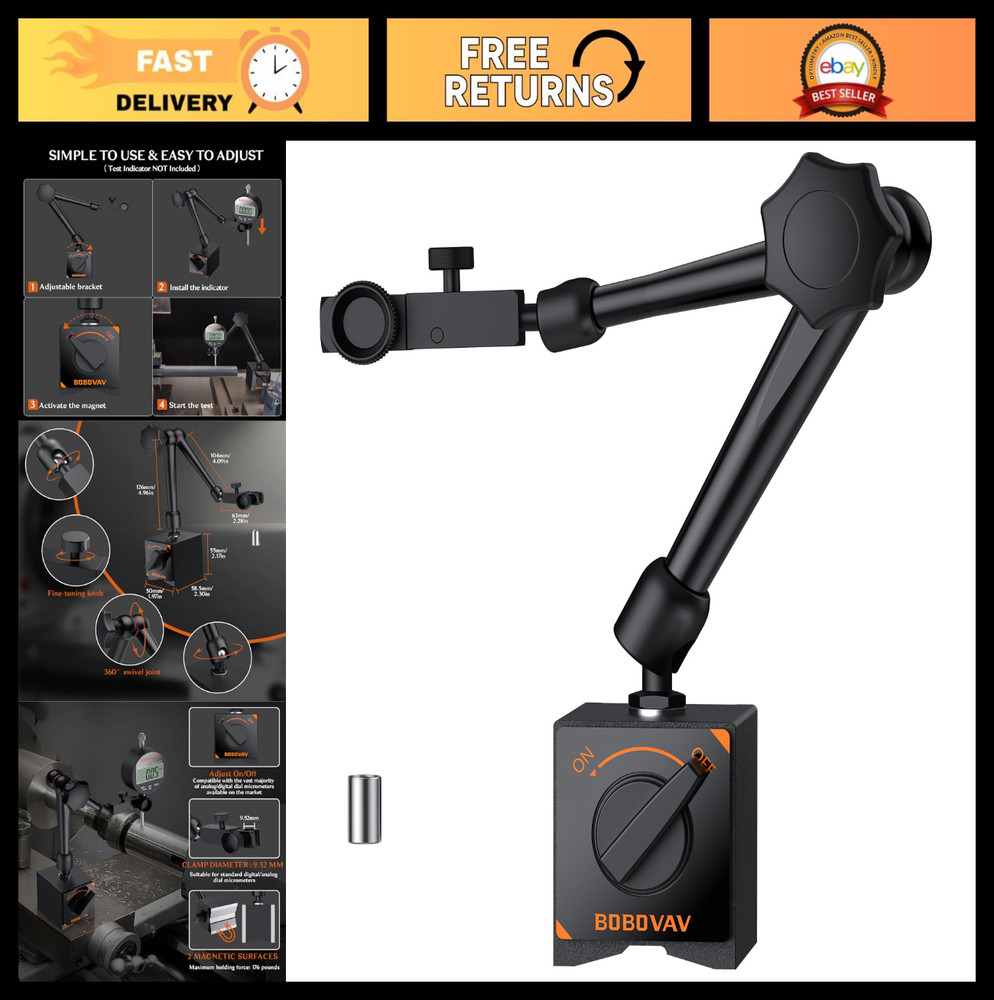 Magnetic Base Stand Holder for Dial Indicator - 176lbs Pull, 3 Adjustable Joints