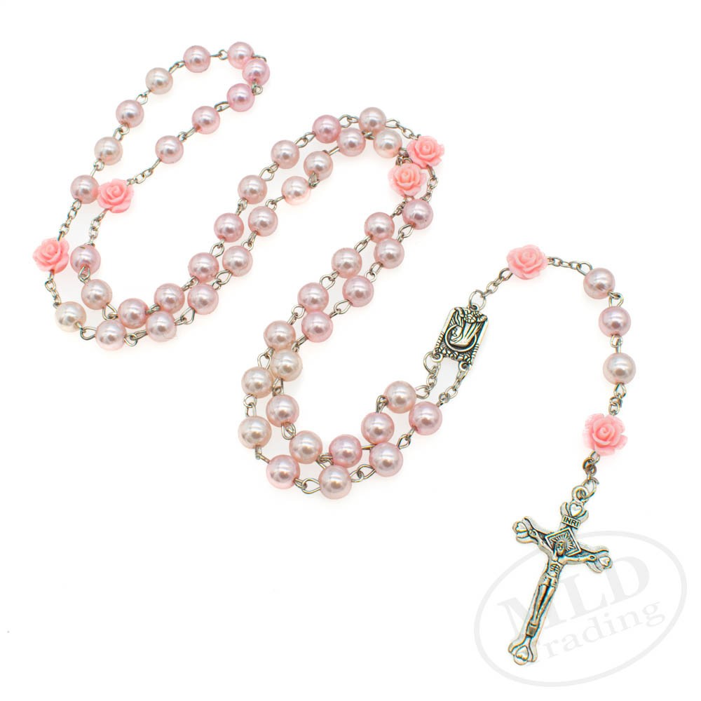 Pink Pearl Rosary Necklace – 32 Inch with Rose Beads Catholic Prayer Crucifix