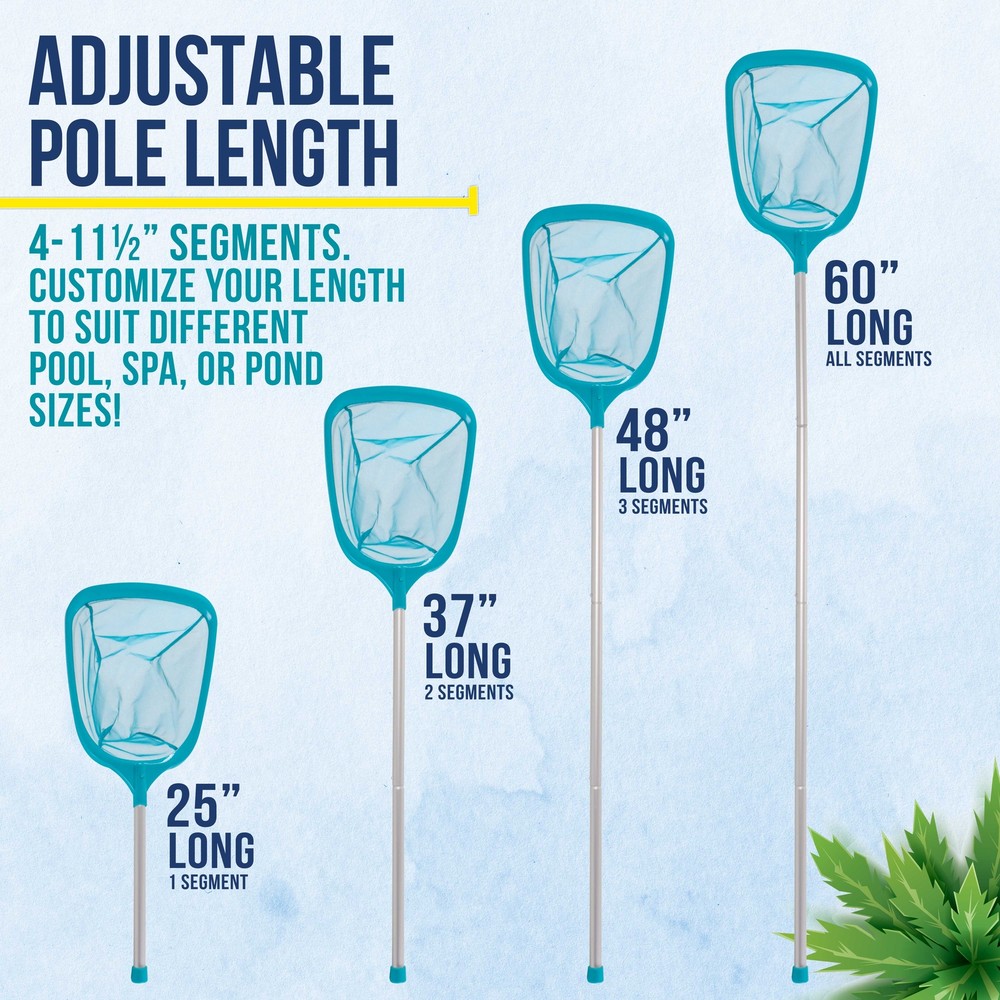 Swimming Pool 5' Leaf Skimmer Net, 4 Pole Sections, Deep Ultra Fine Mesh Netting