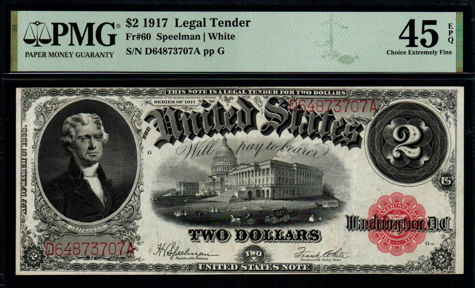 1917 $2 LARGE Size PMG Choice XF 45 EPQ Legal Tender United States Note!
