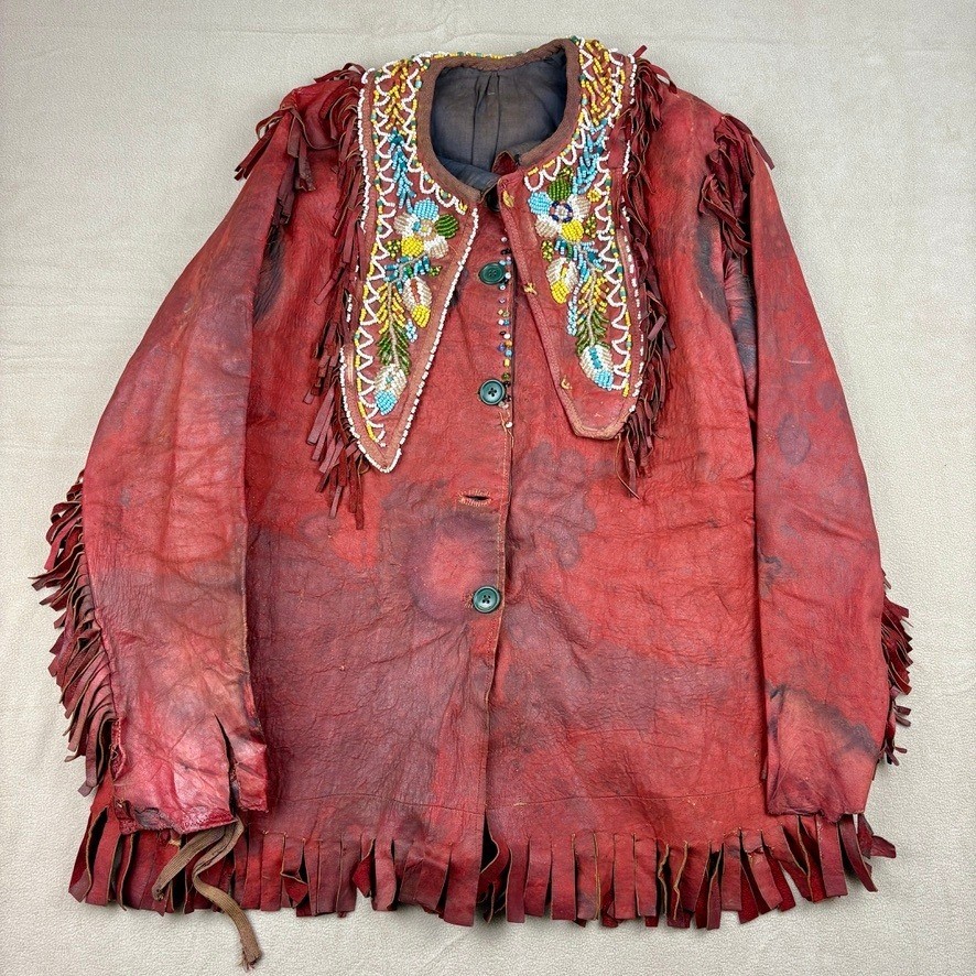 1880 - 1920 Handmade Red Leather Beaded Ceremonial Coat Native American Western