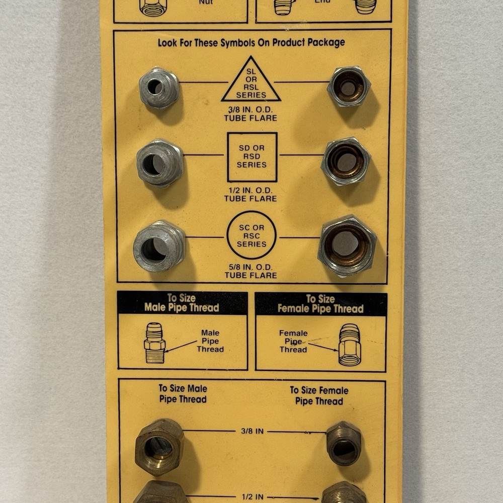 Brass Craft Gas Connector Sizing Guide Tool Board display Size Thread samples