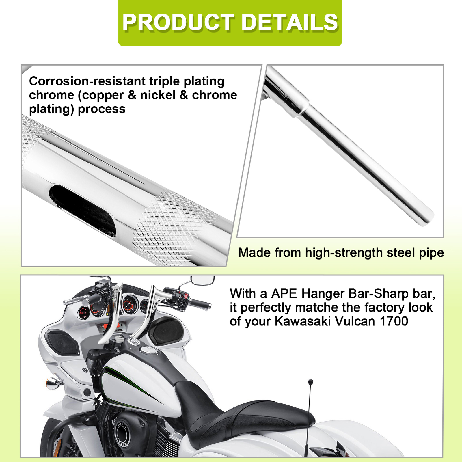 Chrome 12 Meathook Ape Hanger Handlebar for Kawasaki Vaquero Voyager Vulcan 1700