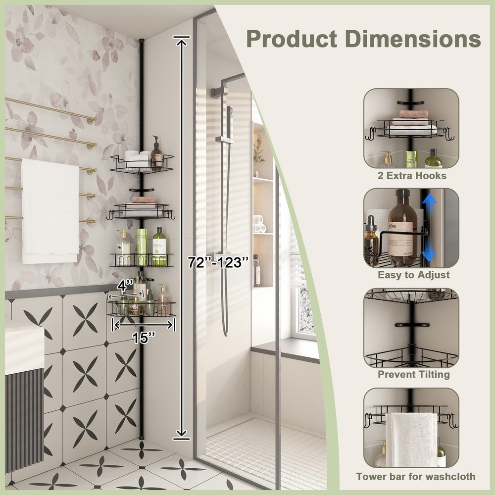 Corner Shower Caddy Tension Pole 4-Tier Adjustable Rustproof Baskets Bathroom